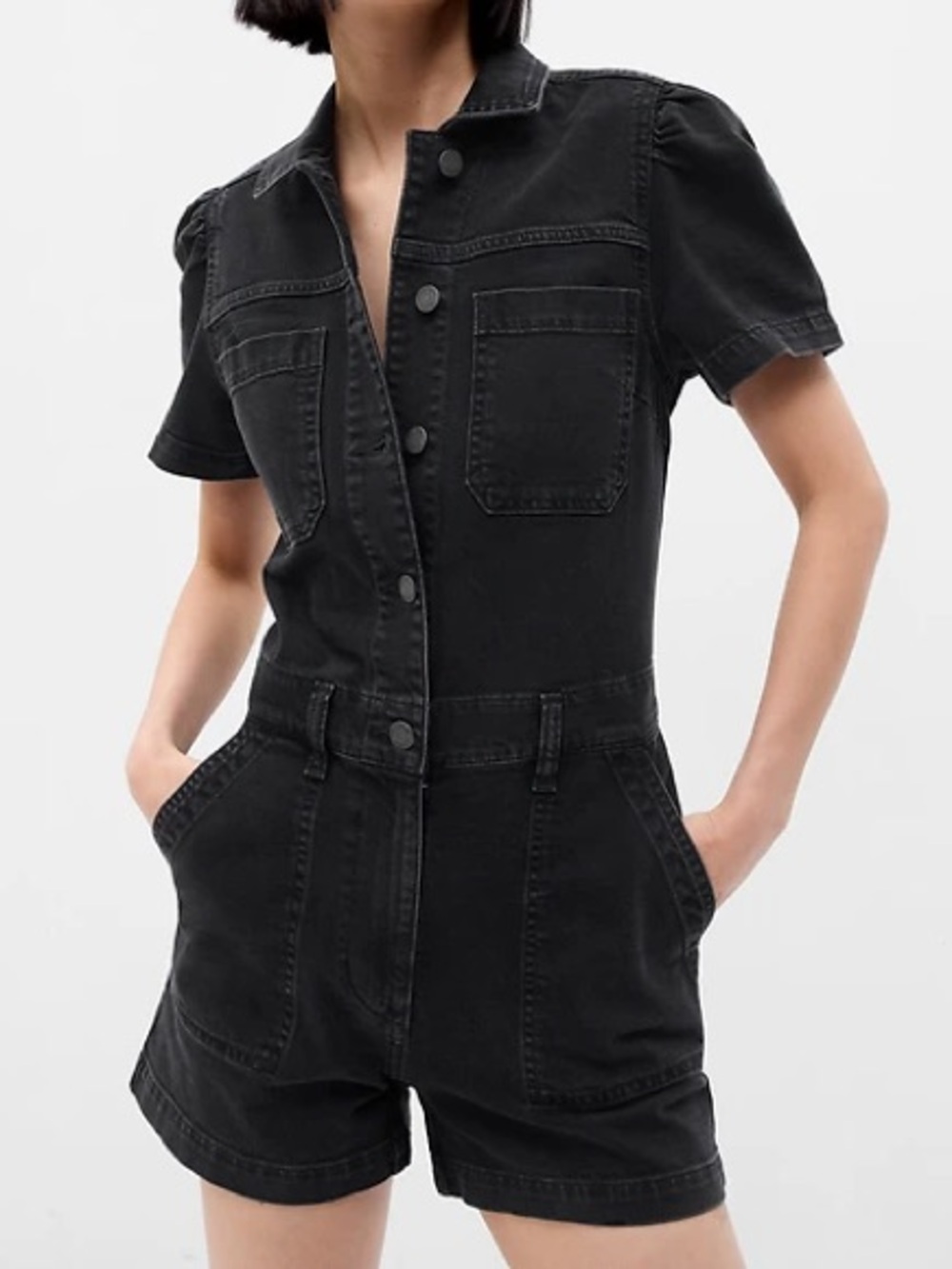 GAP Puff-Sleeve Black Denim Romper | Size 10